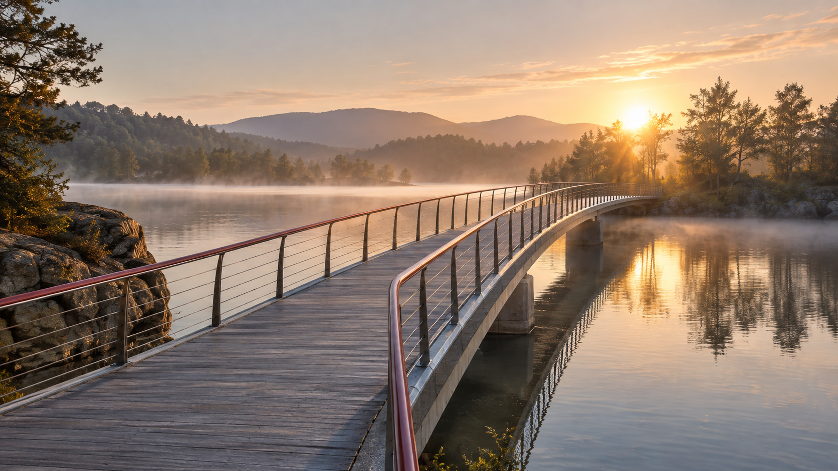 Eine Brücke im warmen Morgenlicht als Symbol für Orientierung und Verbindung